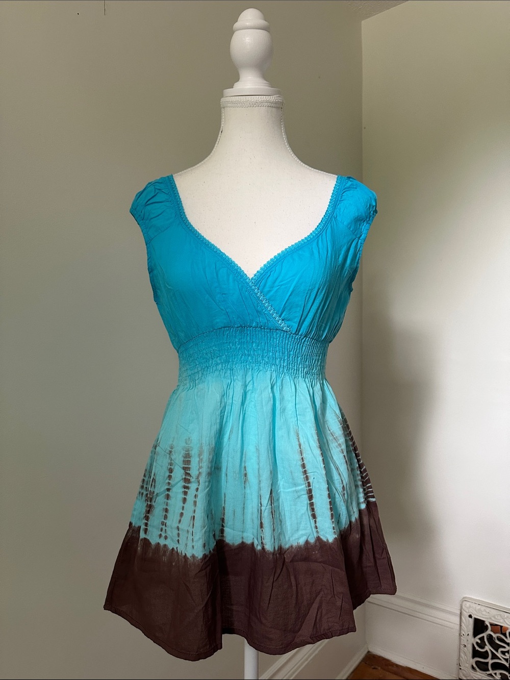 MILEAGE Tie Dye 100% Cotton Y2K Smocked Babydoll Vneck Faux Wrap Blouse Medium